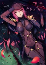 Rule 34 | 1girl, absurdres, armor, bodysuit, breasts, fate/grand order, fate (series), from above, hair between eyes, highres, holding, holding weapon, long hair, looking at viewer, lying, medium breasts, on back, open mouth, petals, pink hair, polearm, red eyes, scathach (fate), scathach (fate), shoulder armor, solo, pauldrons, weapon, yuber.x