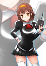 Rule 34 | 1girl, agent aika, aika (series), ascot, black delmo, black jacket, black skirt, blush, breasts, brown eyes, brown hair, cosplay, crossover, delmo, delmogeny uniform, gun, hairband, highres, holding, holding gun, holding weapon, jacket, juliet sleeves, kantai collection, long sleeves, looking at viewer, orange hairband, pleated skirt, puffy sleeves, selvalanch, shiratsuyu (kancolle), short hair, skirt, solo, thighhighs, thighs, underwear, weapon, white thighhighs, yellow eyes