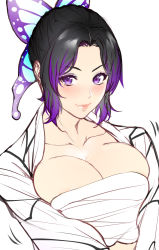 Rule 34 | 1girl, black hair, breasts, butterfly hair ornament, cleavage, closed mouth, collarbone, hair intakes, hair ornament, kimetsu no yaiba, kochou shinobu, large breasts, looking at viewer, multicolored hair, open clothes, open shirt, purple eyes, purple hair, sarashi, shirt, short hair, simple background, sketch, smile, solo, two-tone hair, upper body, white background, white shirt, zucchini