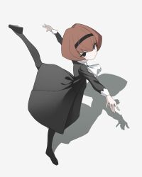 Rule 34 | 1girl, atat250, black dress, black eyes, black footwear, black hairband, black pantyhose, bob cut, brown hair, dress, expressionless, full body, hairband, highres, ascot, long sleeves, looking at viewer, outstretched arms, pale skin, pantyhose, r dorothy wayneright, shadow, short hair, simple background, solo, spread arms, standing, standing on one leg, the big o, white ascot