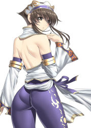 Rule 34 | 1girl, ass, back, bare shoulders, brown eyes, brown hair, chai xianghua, crown, detached sleeves, from behind, huge ass, kansuke, looking back, pantylines, pout, short hair with long locks, skin tight, solo, soul calibur, soulcalibur, soulcalibur ii, standing, wind