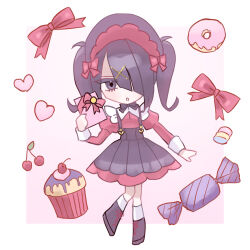 Rule 34 | 1girl, alternate costume, ame-chan (needy girl overdose), black footwear, black hair, black ribbon, black skirt, boots, box, candy, cherry, chibi, collared shirt, cupcake, doughnut, food, fruit, full body, gift, gift box, hair ornament, hair over one eye, hand up, highres, holding, holding gift, juliet sleeves, long hair, long sleeves, looking at viewer, marshmallow, neck ribbon, needy girl overdose, open mouth, pleated skirt, puffy sleeves, red ribbon, red shirt, ribbon, sanmanako, shirt, skirt, solo, standing, suspender skirt, suspenders, twintails, x hair ornament