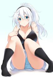 Rule 34 | 1girl, absurdres, arm behind back, bad id, bad pixiv id, black hairband, black shirt, black socks, blue eyes, blue panties, blush, breasts, cleavage, collarbone, commentary request, full body, grey background, hair between eyes, hairband, hand on own knee, highres, kneehighs, knees up, large breasts, long hair, looking at viewer, no shoes, original, panties, ponytail, shadow, shiny skin, shirt, silver hair, sitting, skirt, socks, solo, suruga (xsurugax), thick eyebrows, underwear, white skirt