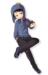 Rule 34 | 1boy, animification, black hair, black pants, blue eyes, blue footwear, blue hat, child, chullo, collared jacket, craig tucker, haizai, hand in pocket, hat, highres, jacket, male focus, middle finger, open mouth, pants, solo, south park, toned, white background