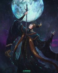 Rule 34 | 1girl, blue robe, elden ring, closed eyes, eyeshadow, full moon, hand up, hat, highres, holding, holding staff, makeup, moon, open mouth, rennala queen of the full moon, robe, shimhaq, solo, staff, standing, wizard hat