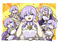 Rule 34 | 1girl, :d, arms up, bare shoulders, breasts, circlet, dress, fire emblem, fire emblem: genealogy of the holy war, hands up, jewelry, julia (fire emblem), long hair, medium breasts, nintendo, open mouth, pointing, purple eyes, purple hair, sash, simple background, smile, solo, wide sleeves, yukia (firstaid0)