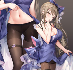Rule 34 | 1girl, bare arms, bare shoulders, black choker, blue dress, bow, breasts, brown background, brown eyes, brown hair, brown pantyhose, choker, cleavage, clothes lift, collarbone, dress, dress lift, girls&#039; frontline, hair bow, hand up, k2 (before dawn) (girls&#039; frontline), k2 (girls&#039; frontline), large breasts, long hair, looking at viewer, navel, no panties, official alternate costume, pantyhose, pantylines, side ponytail, simple background, sleeveless, sleeveless dress, solo, stomach, suzuame yatsumi, thigh strap