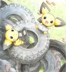 Rule 34 | creatures (company), day, game freak, gen 2 pokemon, hairy pichu, handheld game console, highres, kidura, looking up, meta, nintendo, nintendo ds, no humans, outdoors, pichu, playing games, pokemon, pokemon (creature), pokemon gsc, product placement, tire, traditional media