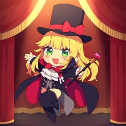 Rule 34 | 1girl, black cloak, black jacket, black leotard, blonde hair, blush, boots, bow, bowtie, buttons, cane, chibi, chibi only, cloak, collared shirt, commentary request, commission, gem, gloves, gold buttons, green eyes, grey vest, hair between eyes, hat, hat bow, jacket, leotard, leotard under clothes, long hair, long sleeves, mamyouda, multicolored cloak, open clothes, open jacket, open mouth, original, phantom thief (kkmomo67), red bow, red curtains, shirt, skeb commission, smile, thighs, top hat, two-sided cloak, two-sided fabric, vest, white gloves, white shirt