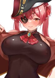 Rule 34 | 1girl, arrow through heart, ascot, bare shoulders, bicorne, black hat, black leotard, blush, breasts, closed mouth, covered erect nipples, covered navel, cropped jacket, eyepatch, hat, highres, hololive, houshou marine, houshou marine (1st costume), impossible clothes, impossible leotard, large breasts, leotard, long hair, looking at viewer, neko no suke (nekoneco118), one eye covered, open clothes, open vest, pirate hat, red ascot, red eyes, red hair, red vest, revision, sleeveless, sleeveless jacket, smile, solo, twintails, undressing, upper body, vest, virtual youtuber
