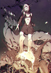 Rule 34 | 10s, 1girl, abyssal ship, bad id, bad pixiv id, bikini, bikini top only, breasts, cannon, chromatic aberration, clenched teeth, dress, emaciated, gilgil, glowing, glowing cracks, glowing eyes, grin, kantai collection, limited palette, looking to the side, lava, navel, open clothes, open dress, pale skin, re-class battleship, ribs, scarf, sharp teeth, small breasts, smile, solo, swimsuit, tail, teeth, turret, underwater