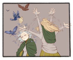 1boy 1girl bird blonde_hair braid cithis cloak closed_eyes dungeon_meshi elf gorget green_cloak grey_hair hood hooded_cloak long_hair long_sleeves notched_ear otta_(dungeon_meshi) pattadol pigeon pointy_ears shirt shooing short_hair tunic yummikkan