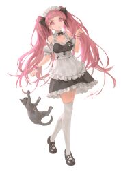 Rule 34 | 1girl, absurdres, apron, bare shoulders, black bow, black bowtie, black cat, black dress, black footwear, bow, bowtie, breasts, cat, cleavage, commentary, detached collar, detached sleeves, dress, frilled apron, frilled dress, frills, highres, io (io oekaki), long hair, looking down, maid, maid headdress, medium breasts, original, parted lips, paw pose, paw print, pink eyes, pink hair, puffy detached sleeves, puffy sleeves, simple background, solo, thighhighs, twintails, very long hair, white apron, white background, white thighhighs, wrist cuffs, zettai ryouiki