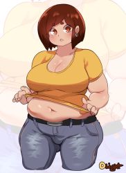 Rule 34 | 1girl, belly, breasts, brown eyes, brown hair, bursting belly, cleavage, clothes lift, denim, ear piercing, highres, huge breasts, jeans, lifted by self, lightsource, midriff, muffin top, pants, piercing, plump, purin (lightsource), shirt lift, solo, source request