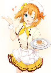 Rule 34 | 10s, 1girl, ;d, bad id, bad pixiv id, beret, blue eyes, bread, butter, chef, cowboy shot, food, food request, frilled skirt, frills, hat, heart, holding, holding tray, kosaka honoka, love live!, love live! school idol festival, love live! school idol project, one eye closed, open mouth, orange hair, outstretched hand, plate, shiina kuro, side ponytail, skirt, smile, solo, thighhighs, tray, wrist cuffs, zettai ryouiki
