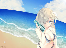 Rule 34 | 10s, 1girl, bare shoulders, beach, bikini, blue eyes, blue sky, bottle, breasts, cleavage, cloud, cloudy sky, collarbone, day, hair ornament, hair over one eye, hairclip, hamakaze (kancolle), kantai collection, large breasts, lips, looking at viewer, mimamui, ocean, outdoors, ramune, sand, ship, shore, short hair, silver hair, sky, smile, solo, swimsuit, twitter username, water, water bottle, watercraft, wet, wet hair