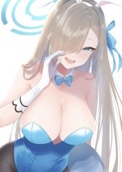 Rule 34 | 1girl, absurdres, animal ears, asuna (blue archive), asuna (bunny) (blue archive), bare shoulders, blonde hair, blue archive, blue bow, blue bowtie, blue eyes, blue leotard, blue ribbon, blush, bow, bowtie, breasts, calling, cleavage, detached collar, fake animal ears, gloves, hair over one eye, hair ribbon, hairband, halo, highres, large breasts, leaning forward, leotard, long hair, looking at viewer, mole, mole on breast, omuuuris, one eye covered, pantyhose, playboy bunny, rabbit ears, ribbon, smile, solo, strapless, strapless leotard, traditional bowtie, tray, upper body, very long hair, white background, white gloves