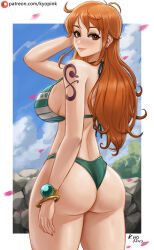 Rule 34 | 1girl, 2023, arm tattoo, arm up, ass, bikini, blue sky, bracelet, breasts, cloud, curvy, day, female focus, from behind, green bikini, highres, jewelry, kyopink, large breasts, long hair, looking at viewer, nami (one piece), one piece, orange eyes, orange hair, outdoors, patreon logo, patreon username, shiny skin, shoulder tattoo, signature, sky, solo, swimsuit, tattoo, thong, thong bikini, very long hair, watermark, web address, wide hips