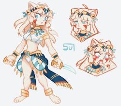 Rule 34 | 1girl, animal ears, animal feet, barefoot, bastet (sui (suizilla)), bell, bikini, blue eyes, blunt bangs, blush, cat ears, dagger, expressions, facial mark, furry, furry female, hair bell, hair ornament, highres, holding, holding dagger, holding knife, holding weapon, jingle bell, knife, long hair, looking at viewer, multiple views, open mouth, original, parted lips, signature, simple background, standing, sui (suizilla), swimsuit, weapon, white background, white bikini, wide-eyed