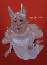 Rule 34 | 1girl, absurdres, alternate costume, animal ear fluff, animal ears, barefoot, breasts, collarbone, commentary, dress, duckchoo, english commentary, fangs, fox ears, fox girl, fox tail, from above, happy birthday, highres, looking at viewer, looking up, medium breasts, multiple tails, nijisanji, nijisanji en, nina kosaka, open mouth, red background, red eyes, sitting, smile, solo, tail, virtual youtuber, white dress