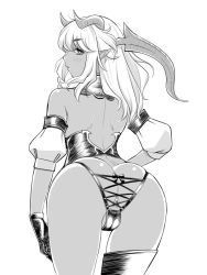 Rule 34 | 1girl, anus, anus only, asakura sakura, ass, backless panties, bare shoulders, brown theme, butt crack, cameltoe, dark skin, dark-skinned female, gloves, greyscale, horns, leaning forward, looking at viewer, monochrome, original, panties, parted lips, pointy ears, simple background, single thighhigh, solo, thighhighs, thighs, underwear, white background