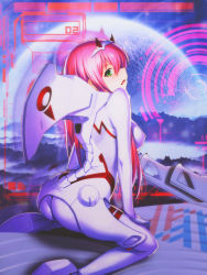 Rule 34 | 1girl, ass, bodysuit, breasts, cockpit, commentary, darling in the franxx, dinocozero, english commentary, green eyes, hairband, holographic interface, horns, long hair, looking at viewer, medium breasts, mountain, oni horns, pilot suit, pink hair, planet, red horns, red stripes, sitting, skin tight, solo, wedge heels, white bodysuit, white footwear, white hairband, zero two (darling in the franxx)