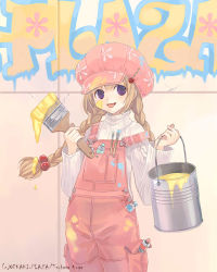 Rule 34 | 1girl, :o, beads, blonde hair, blush, buttons, cowboy shot, graffiti, hair beads, hair ornament, hat, kuga tsukasa, long sleeves, open mouth, original, overalls, paint, paint can, paint splatter, paint splatter on face, paintbrush, pastel colors, pink hat, pink overalls, purple eyes, solo, standing, sweater, tongue, tongue out, twintails, wall