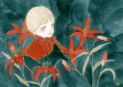 Rule 34 | 1girl, androgynous, brown eyes, brown hair, colored skin, flower, kishi takuya, lily (flower), original, painting (medium), red flower, scarf, short hair, solo, striped clothes, traditional media, upper body, very short hair, watercolor (medium), white skin