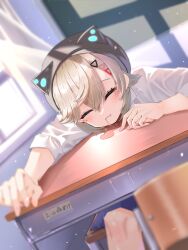 Rule 34 | 1girl, absurdres, black hat, chair, classroom, closed eyes, closed mouth, collared shirt, curtains, desk, dress shirt, drooling, eishi kurumi, fang, grey hair, hair ornament, hairclip, hat, hat with ears, highres, indoors, komori met, long sleeves, school, school chair, school desk, school uniform, shirt, short hair, sitting, skin fang, sleeping, solo, triangle facial mark, virtual youtuber, vspo!, white shirt, wind, window