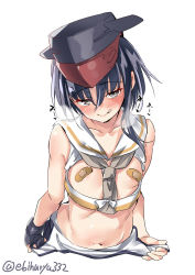Rule 34 | 1girl, asymmetrical hair, bandaid, bandaids on nipples, black hair, blush, closed mouth, commentary request, duplicate, ebifurya, grey eyes, hat, highres, i-13 (kancolle), kantai collection, looking at viewer, navel, neckerchief, pasties, school uniform, serafuku, short hair, simple background, solo, swimsuit, twitter username, undressing, white background