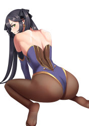 Rule 34 | 1girl, absurdres, annoyed, artist request, ass, bare shoulders, black hair, blush, detached sleeves, elbow gloves, embarrassed, from behind, genshin impact, gloves, green eyes, hair ribbon, highres, leotard, long hair, looking at viewer, looking back, mona (genshin impact), pantyhose, ribbon, shiny skin, sitting, solo, twintails, very long hair, wariza