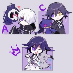 Rule 34 | 1202 koge, 2boys, :d, alternate color, banette, black hoodie, black jacket, border, character request, checkered clothes, checkered scarf, chibi, commentary request, creatures (company), crossover, danganronpa (series), danganronpa v3: killing harmony, duskull, flipped hair, game freak, gen 3 pokemon, gen 7 pokemon, grey border, hair between eyes, hair over one eye, hand up, heart, heterochromia, hood, hood down, hoodie, jacket, long sleeves, male focus, mimikyu, multiple boys, multiple views, nintendo, notice lines, one eye closed, one eye covered, open mouth, oma kokichi, outside border, pants, pokemon, pokemon (creature), purple background, purple eyes, purple hair, purple theme, scarf, shiny pokemon, short hair, simple background, skeleton print, smile, sparkle, straitjacket, teeth, upper teeth only, white hair