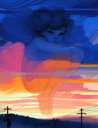 Rule 34 | 1girl, artist name, barefoot, breasts, closed mouth, cloud, commentary, crossed arms, curly hair, english commentary, full body, geneva bowers, knees up, looking at viewer, medium hair, original, outdoors, shooting star, sky, solo, star (sky), sunset, utility pole, watermark