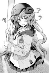 Rule 34 | 1girl, ?, alternate costume, animal ears, atalanta (fate), baseball bat, baseball helmet, blush, braid, confused, cowboy shot, fate/apocrypha, fate (series), greyscale, hanabana tsubomi, helmet, holding, holding baseball bat, hood, hooded jacket, jacket, long hair, long sleeves, looking at viewer, monochrome, open clothes, open jacket, simple background, skirt, solo, sweat, tail, two side up