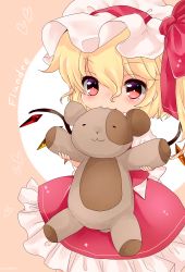 Rule 34 | 1girl, :3, artist name, bad id, bad pixiv id, biting, blonde hair, bow, character name, child, dress, flandre scarlet, hat, hat bow, highres, koyashaka, mob cap, pink eyes, red dress, side ponytail, solo, stuffed animal, stuffed toy, teddy bear, touhou, wings, aged down