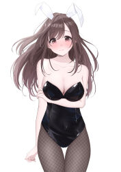 Rule 34 | 1girl, absurdres, arm under breasts, black leotard, black pantyhose, blush, breasts, brown hair, cleavage, collarbone, fishnet pantyhose, fishnets, highres, idolmaster, idolmaster shiny colors, large breasts, leotard, long hair, looking at viewer, nose blush, pantyhose, playboy bunny, sayosayo-0, simple background, solo, strapless, strapless leotard, thigh gap, tsukioka kogane, very long hair, white background