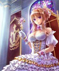 Rule 34 | 1girl, bad id, bad pixiv id, banner, blonde hair, blunt bangs, braid, breasts, brooch, cleavage, detached collar, detached sleeves, dress, frilled dress, frills, gloves, gown, hair bun, hand on lap, highres, indoors, jewelry, large breasts, long hair, looking at viewer, original, princess, purple eyes, scepter, shingoku no valhalla gate, shironeko yuuki, sidelocks, single hair bun, sitting, smile, solo, staff, stained glass, throne, tiara, white gloves