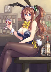Rule 34 | alcohol, animal ears, bar (place), black legwear, blue eyes, bottle, bow, bowtie, breasts, brown hair, cleavage, cup, detached collar, drinking glass, earrings, fake animal ears, highres, hoop earrings, jewelry, large breasts, crossed legs, leotard, looking at viewer, pantyhose, playboy bunny, rabbit ears, rabbit tail, side ponytail, sitting, smile, suikakitsu shiro, tagme, wine glass, wrist cuffs, xia you qing