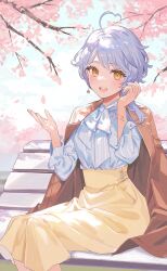 Rule 34 | 1girl, ahoge, asymmetrical hair, bench, blue hair, blue shirt, bracelet, brown jacket, cherry blossoms, drop earrings, earrings, falling petals, hands up, heart, heart ahoge, high-waist skirt, highres, hoshimi madoka, indie virtual youtuber, jacket, jacket on shoulders, jewelry, long skirt, long sleeves, looking at viewer, miyako (xxxbibit), open mouth, outdoors, petals, second-party source, shirt, shirt tucked in, short hair, sitting, skirt, smile, solo, spring (season), star (symbol), star earrings, virtual youtuber, wooden bench, yellow eyes, yellow skirt
