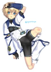 Rule 34 | 1girl, androgynous, blonde hair, blue eyes, blush, bodysuit, female focus, fingerless gloves, gloves, highres, iris (ryou@ryou), looking at viewer, original, parted lips, pawoo username, phantasy star, phantasy star online 2, reverse trap, ryou@ryou, short hair, simple background, solo, spread legs, white background