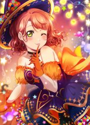 Rule 34 | 1girl, ;p, back bow, blush, bow, brown hair, candy, choker, commentary, cowboy shot, dress, finger to mouth, food, gloves, gold trim, gradient background, halloween, hat, highres, light brown hair, looking at viewer, love live!, love live! nijigasaki high school idol club, one eye closed, orange bow, orange gloves, purple dress, purple hat, ranemu, solo, symbol-only commentary, tongue, tongue out, uehara ayumu, wavy hair, witch, witch hat