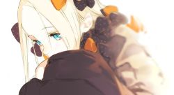Rule 34 | abigail williams (fate), blonde hair, blue eyes, blurry, depth of field, fate/grand order, fate (series), forehead, hair ribbon, looking to the side, pako (pakosun), portrait, ribbon, simple background, white background