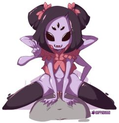 Rule 34 | black hair, black thighhighs, colored skin, cowgirl position, cum, cum string, kappadoggo, looking at viewer, muffet, on top of viewer, penis, purple skin, pussy, sex, sitting, straddling, thighhighs, wariza