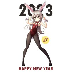 Rule 34 | 1girl, 2023, ahoge, animal ears, bare arms, bare shoulders, black pantyhose, bow, bowtie, brown eyes, chinese zodiac, commentary, detached collar, flat chest, full body, grey hair, hair between eyes, happy new year, highres, index finger raised, legs apart, leotard, looking at viewer, male-female symbol, new year, onii-chan wa oshimai!, oyama mahiro, pantyhose, playboy bunny, rabbit ears, rabbit tail, red bow, red bowtie, red leotard, simple background, smile, solo, spoken symbol, standing, strapless, strapless leotard, tail, white background, wrist cuffs, year of the rabbit, yoooooon