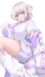 Rule 34 | 1girl, absurdres, blonde hair, choker, hairu 821, highres, hololive, hololive dev is, jacket, leg warmers, off shoulder, purple eyes, shirt, shoes, short twintails, shorts, sneakers, todoroki hajime, twintails, virtual youtuber, white background
