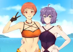Rule 34 | 2girls, :d, ahoge, asymmetrical gloves, bare shoulders, bernadetta von varley, bikini, black gloves, blue sky, breasts, cleavage, closed mouth, cloud, collar, collarbone, commentary, commission, cowboy shot, day, english commentary, fingerless gloves, fire emblem, fire emblem: three houses, fire emblem heroes, gloves, grey eyes, groin, hair between eyes, hand on another&#039;s shoulder, hand on another&#039;s waist, hand on own hip, hand up, leonie pinelli, lindaroze, long hair, looking at viewer, medium breasts, midriff, mismatched gloves, multiple girls, navel, nintendo, ocean, official alternate costume, one-piece swimsuit, open mouth, orange bikini, orange eyes, orange hair, outdoors, partially fingerless gloves, patreon username, purple hair, purple one-piece swimsuit, short hair, sidelocks, single fingerless glove, sky, small breasts, smile, standing, swimsuit, twitter username, v, watermark