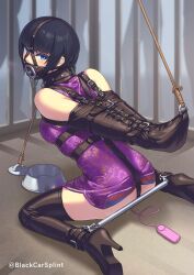Rule 34 | 1girl, absurdres, arms behind back, bdsm, black car splint, black footwear, black hair, blue eyes, bondage, boots, bound, breasts, cage, china dress, chinese clothes, collar, dress, gag, gagged, high heels, highres, looking at viewer, looking back, medium breasts, monoglove, original, restrained, sex toy, short hair, solo, thigh boots, vibrator