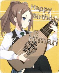 Rule 34 | 1girl, artist name, assault lily, black thighhighs, black vest, blue eyes, bow-shaped hair, brown hair, character name, closed mouth, collared shirt, commentary, cowboy shot, green necktie, grey skirt, hands up, happy birthday, high ponytail, holding, holding instrument, hotaru (ultraroly poly), ichinomiya michaela himari, instrument, knee up, light smile, long hair, looking ahead, lute (instrument), miniskirt, music, necktie, parted bangs, playing instrument, ponytail, rounded corners, school uniform, shirt, sitting, skirt, solo, staff (music), striped clothes, striped skirt, thighhighs, vertical-striped clothes, vertical-striped skirt, vest, white shirt, yellow background
