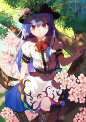 Rule 34 | 1girl, absurdres, black hat, blue hair, blue sash, blue skirt, blurry, blurry background, blush, boots, branch, breasts, center frills, commentary request, dress, feet out of frame, flower, food, frills, from above, fruit, hair between eyes, hat, highres, hinanawi tenshi, kanta (pixiv9296614), knee boots, leaf, long hair, neck ribbon, parted lips, peach, puffy short sleeves, puffy sleeves, rainbow order, red eyes, red ribbon, ribbon, sash, short sleeves, sitting, skirt, small breasts, solo, touhou, tree, white dress
