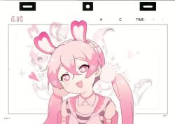 Rule 34 | 1girl, :3, animal ears, animated, artist name, bare shoulders, blinking, collarbone, crossed bangs, detached collar, detached sleeves, english text, fake animal ears, female focus, hair between eyes, hair ornament, hairband, happy, head tilt, heart, linmiu (smilemiku), long hair, looping animation, matching hair/eyes, multiple views, open mouth, original, outline, pink eyes, pink hair, pink hairband, pink vest, rabbit ears, shirt, sidelocks, signature, sleeveless, sleeveless shirt, smile, striped clothes, striped shirt, twintails, upper body, vest, video, white outline